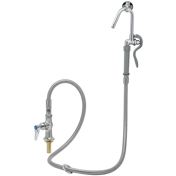 A T&S stainless steel pot filler faucet with a hook nozzle hose.