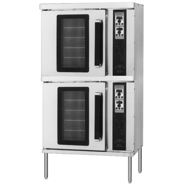 A Hobart double deck convection oven with glass doors and stainless steel racks.