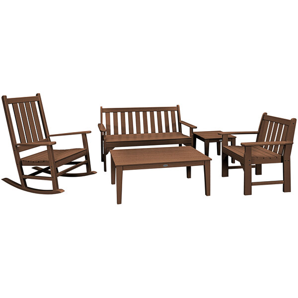 A POLYWOOD teak bench and table set.