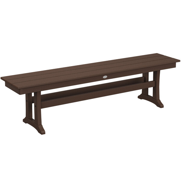 A brown POLYWOOD trestle bench with legs.