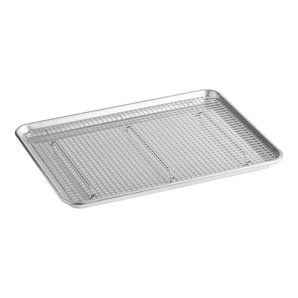 A rectangular aluminum sheet pan with a stainless steel wire cooling rack that fits inside.