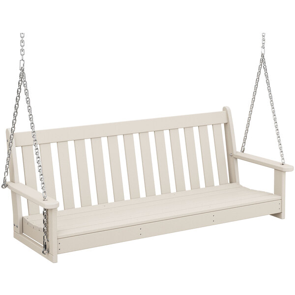 A white POLYWOOD wooden porch swing with chains.