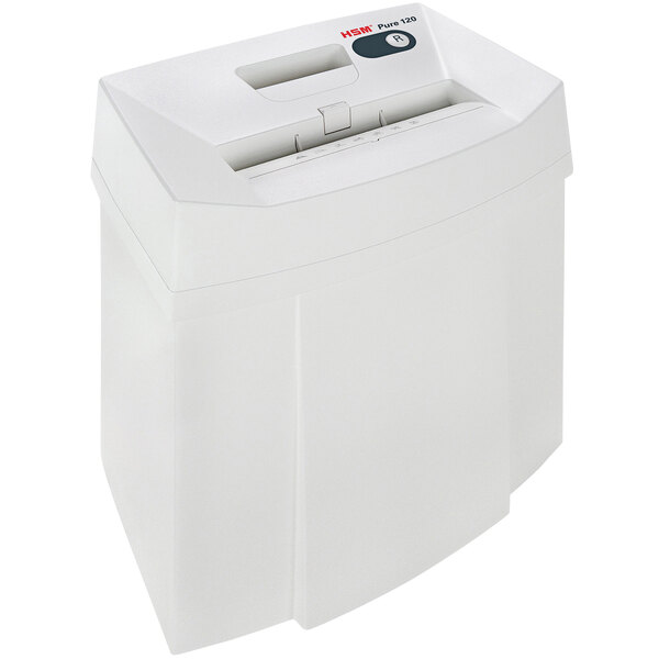 A white paper shredder with a black handle.