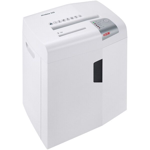 A white HSM ShredStar paper shredder with buttons and a window.