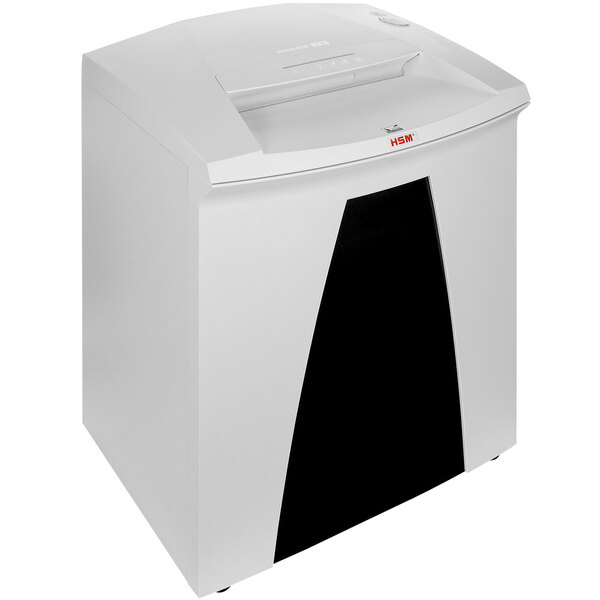 A white rectangular HSM Securio B34c shredder with a black panel.