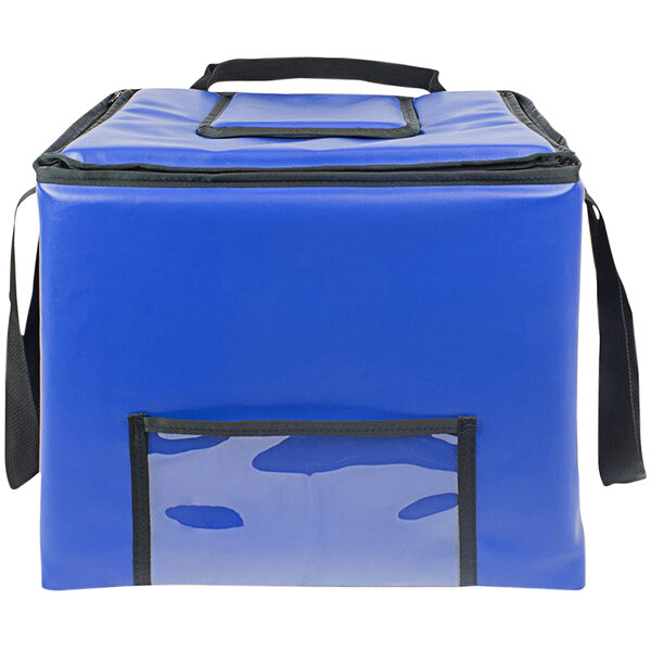 A blue insulated delivery bag with black straps.