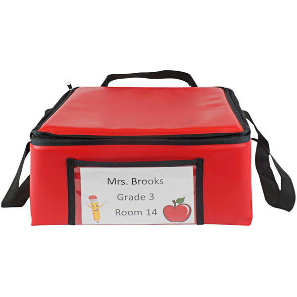 A red Sterno School Nutrition insulated breakfast delivery bag with a label.