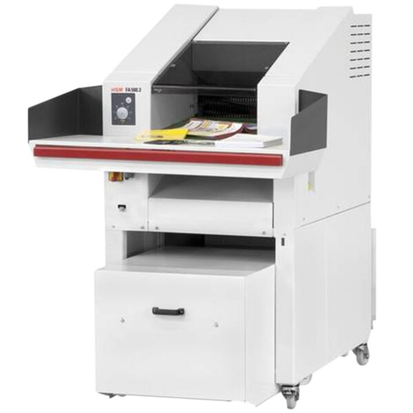 A white and red HSM Powerline SP 5080 shredder with a red and white cover on the drawer.