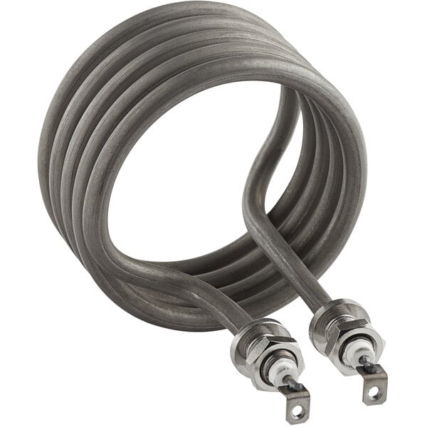 A pair of metal coils with a coil of grey wires attached.