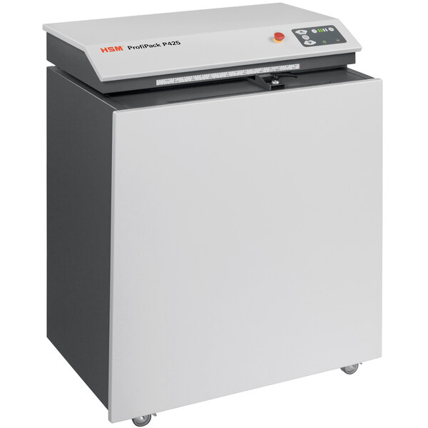 A white rectangular HSM cardboard shredder with black and grey accents.