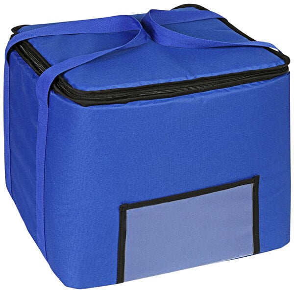 A blue insulated milk crate tote bag with a black strap.