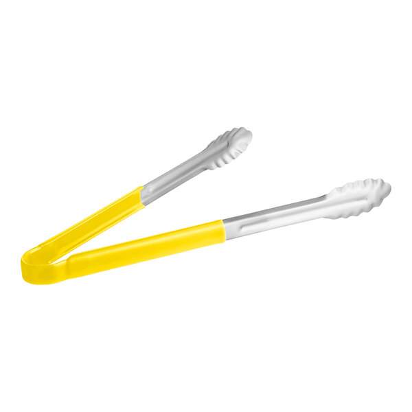 Choice 16 Yellow Coated Handle Stainless Steel Scalloped Tongs