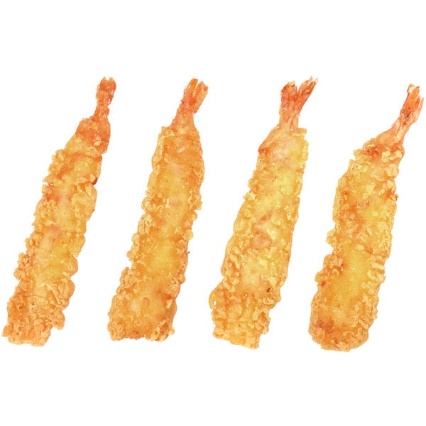 Three Mrs. Friday's tempura battered shrimp sticks on a white background.