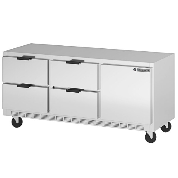 A stainless steel Beverage-Air undercounter refrigerator with four white drawers.