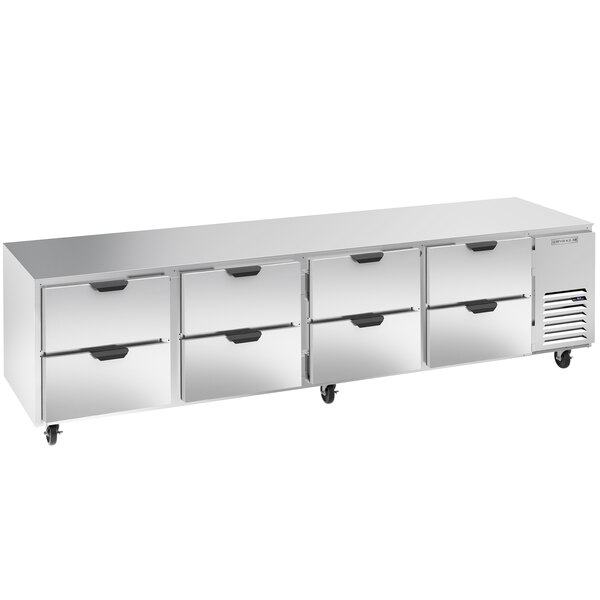 A stainless steel Beverage-Air undercounter refrigerator with eight drawers.