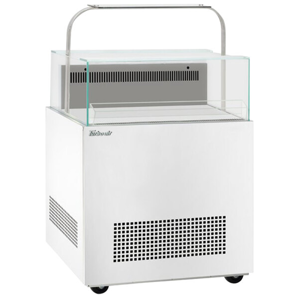 A white rectangular Turbo Air sandwich and cheese display case with a glass top.