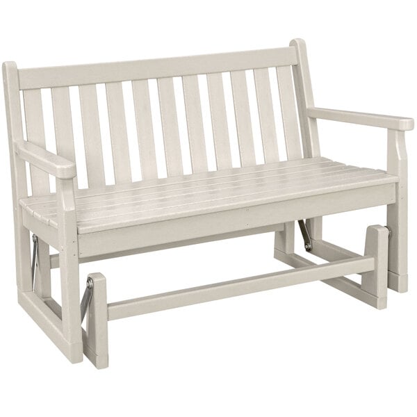 A white POLYWOOD bench glider with a wooden seat and back and arms.