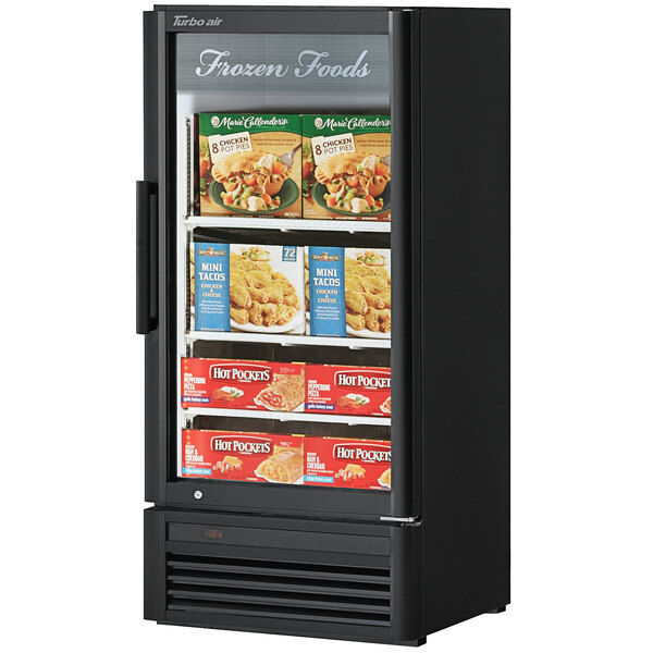 A Turbo Air black swing door freezer with frozen foods on the shelves.