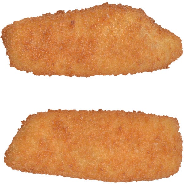 Two Mrs. Friday's breaded pollock fillet portions on a white background.