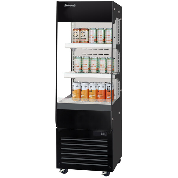 A stainless steel Turbo Air vertical open display case with shelves of soda cans.