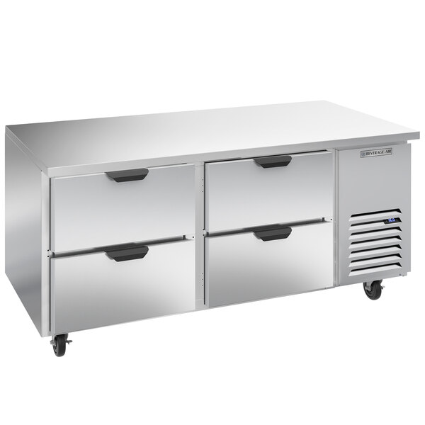 A stainless steel Beverage-Air undercounter refrigerator with four drawers.