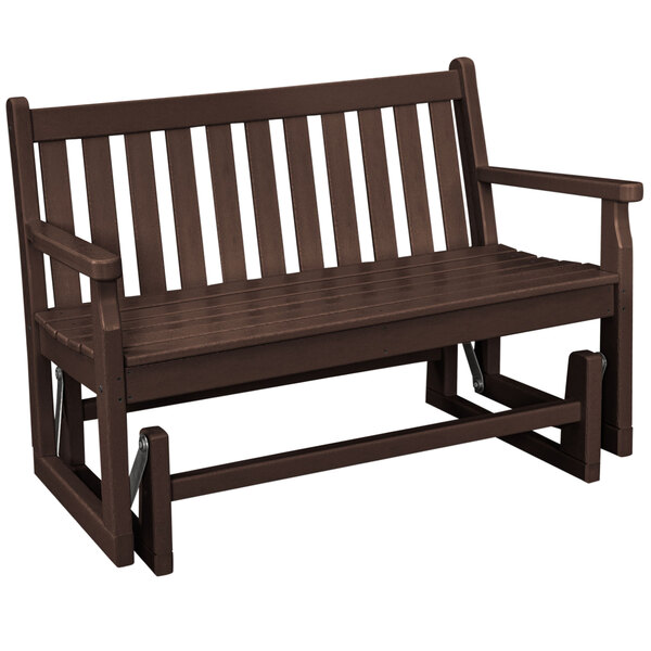 A brown POLYWOOD glider bench with a bench seat, back, and arms.