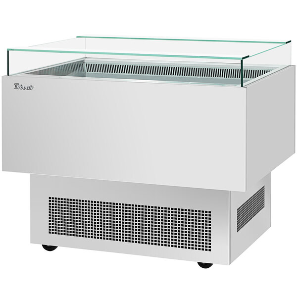 A stainless steel rectangular display case with a glass top.