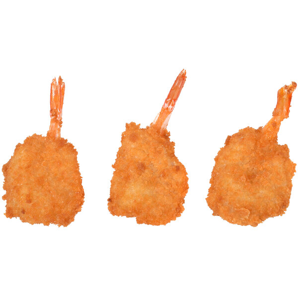 Breaded Mrs. Friday's butterfly shrimp on a white background.