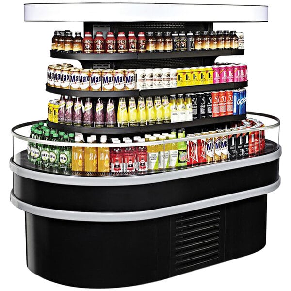 A black Turbo Air oval island display case filled with drinks and beverages.