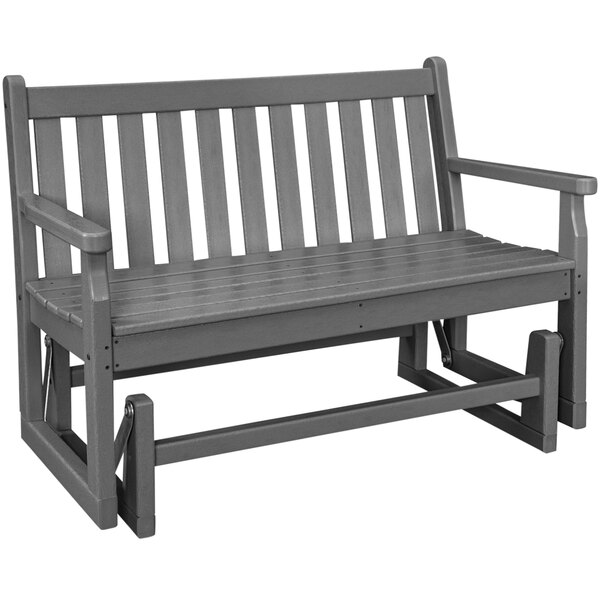 A grey wooden POLYWOOD glider bench with arms.
