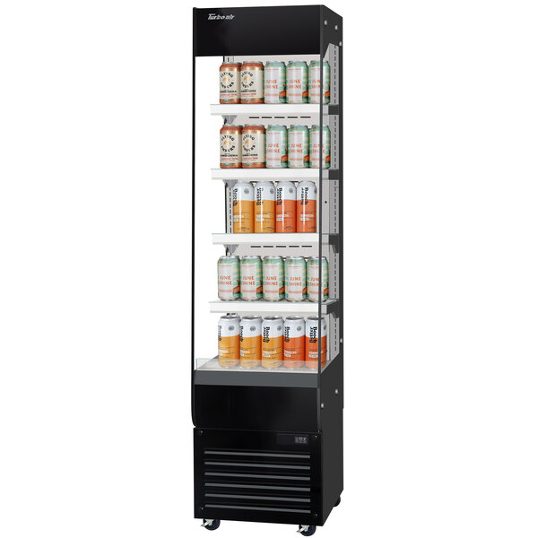A stainless steel Turbo Air vertical open display case with shelves of canned beverages.