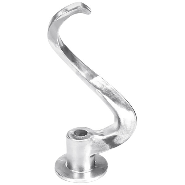 A silver metal Globe spiral dough hook with a curved handle.