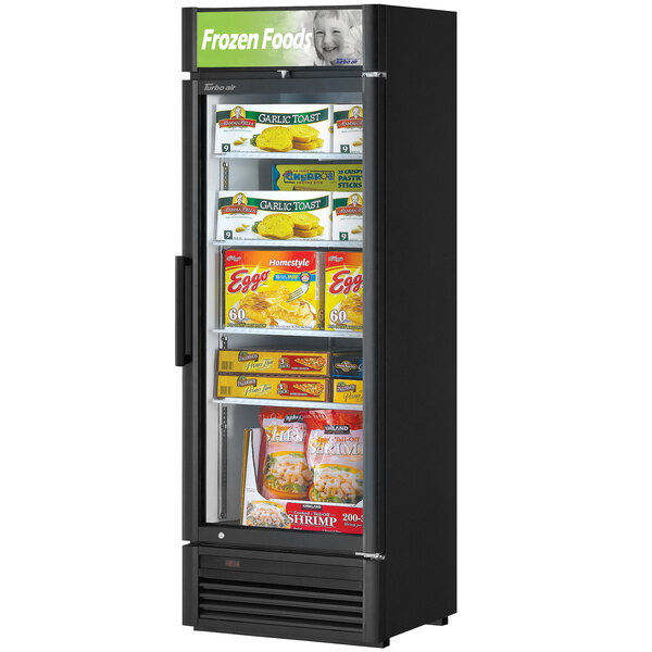 A Turbo Air Super Deluxe black swing door freezer with frozen foods inside.