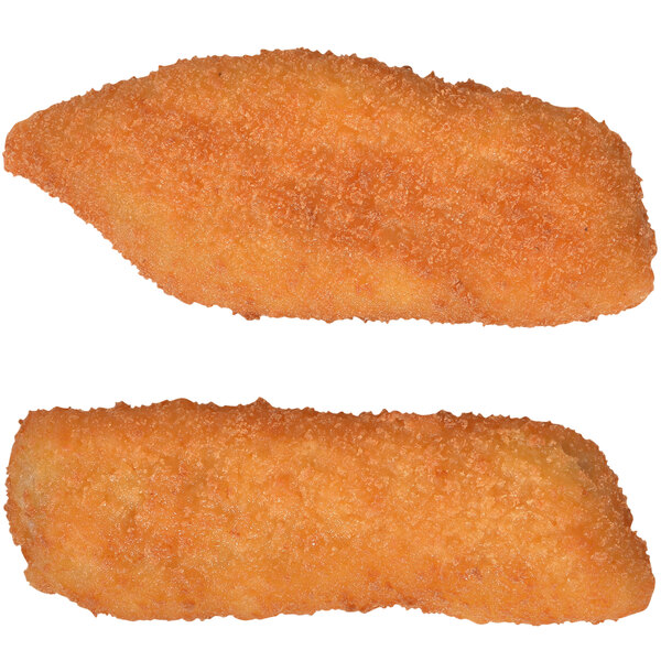 Breaded Mrs. Friday's Pollock fillet portions on a white background.