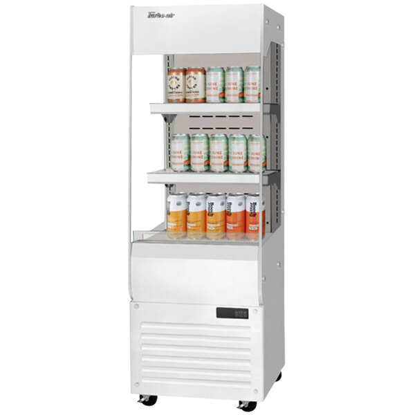 A white Turbo Air vertical open display case with shelves of canned drinks.