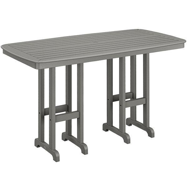 A POLYWOOD slate grey bar height table with legs.