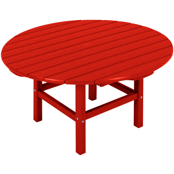 A red POLYWOOD round conversation table with legs.