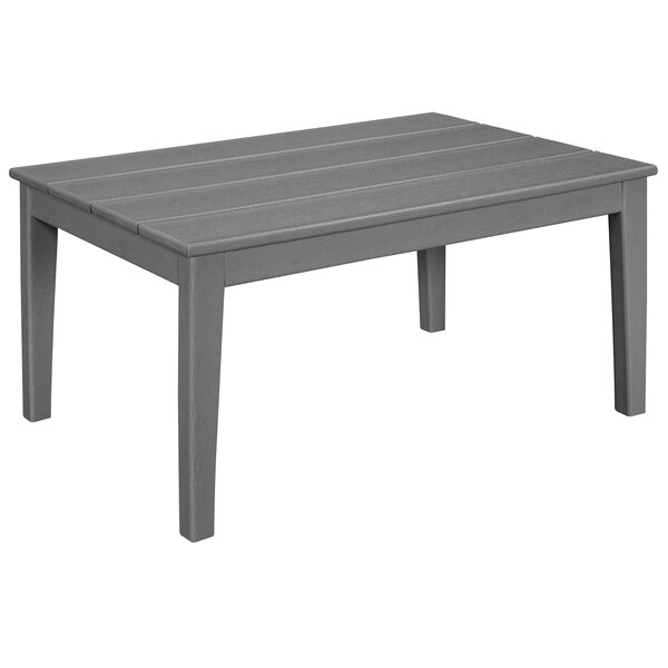 A grey POLYWOOD coffee table with wooden slats on the top and legs.