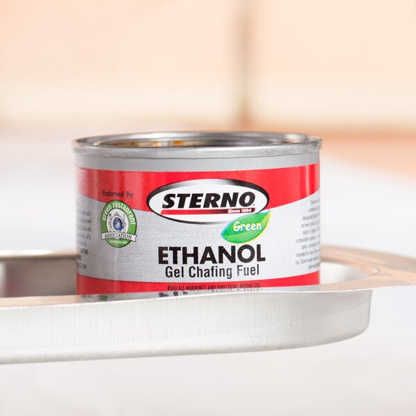 A Sterno 45 minute ethanol gel chafing dish fuel canister on a tray.