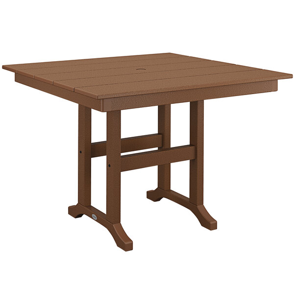 A brown POLYWOOD teak dining table with a square top and legs.