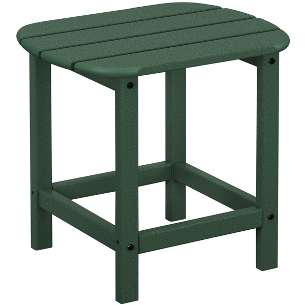 A green POLYWOOD side table with a wooden top.
