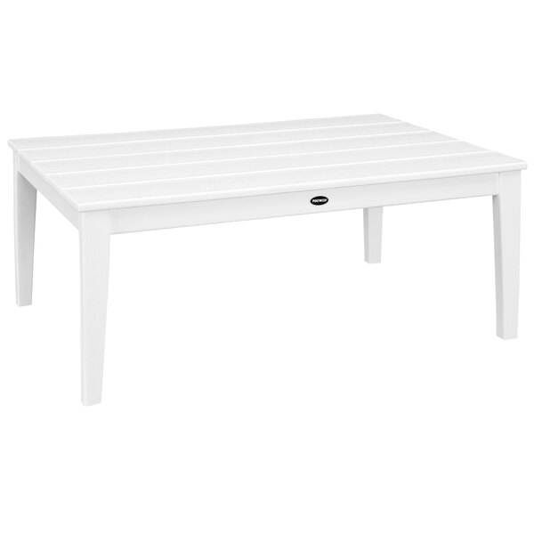 A white rectangular POLYWOOD coffee table with white legs.