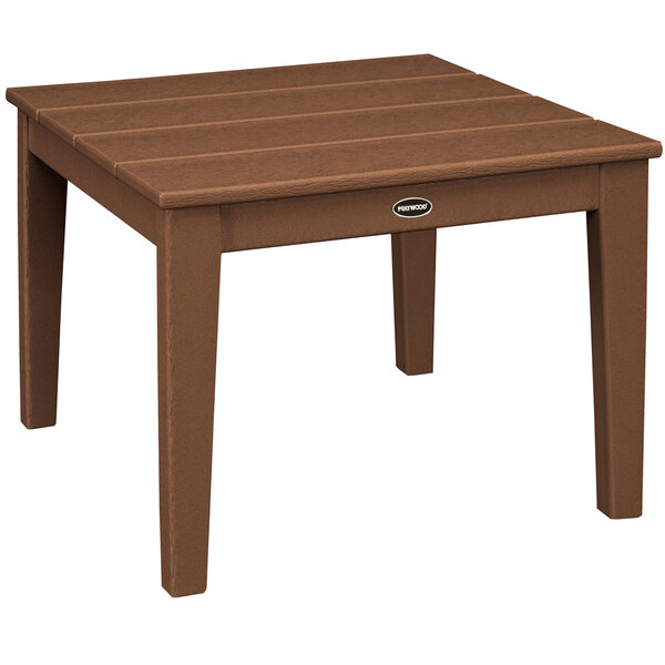 A brown POLYWOOD Newport end table with legs.