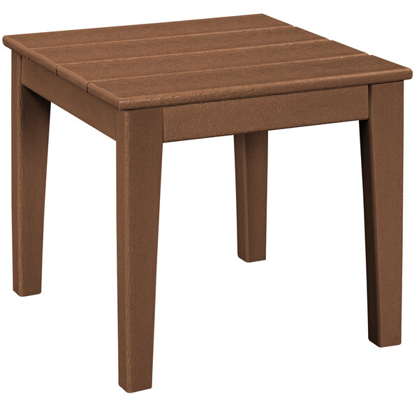 A brown POLYWOOD end table with wooden legs and top.