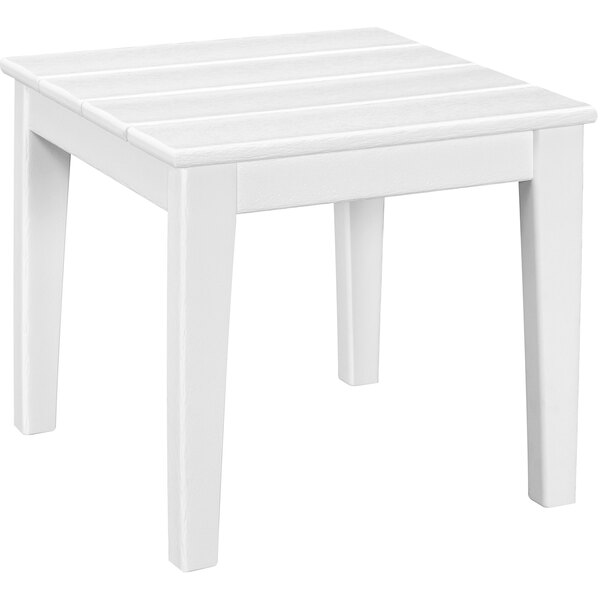 A white POLYWOOD end table with wooden top and legs.