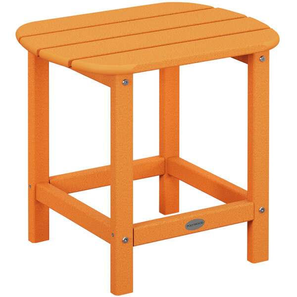 A POLYWOOD orange side table with a wooden top.