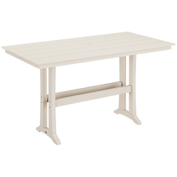 A POLYWOOD sand bar height table with a wooden top and white legs.