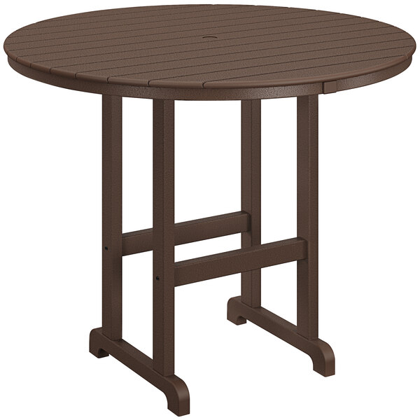 A brown POLYWOOD round bar height table with legs.