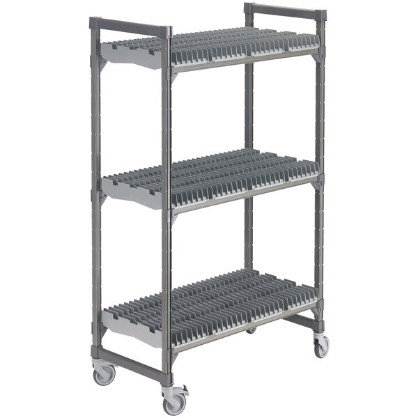 A grey metal Cambro Elements drying rack cart with wheels.