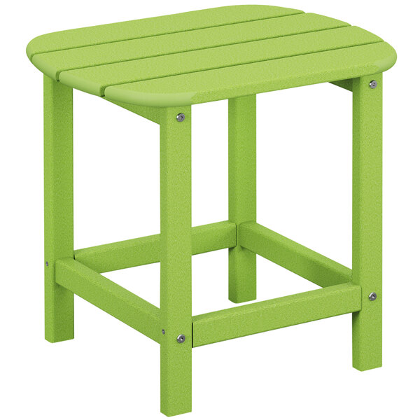 A lime green POLYWOOD low side table with a wooden top.